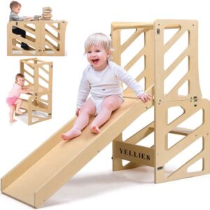 Yellies Leertoren - Learning Tower - Leertoren Keukenhulp - Keukentoren - Montessori Leertoren - 3 In 1 - Opvouwbaar - Incl. NL Handleiding - Naturel Hout