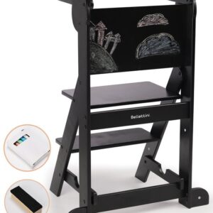 Bellettini® Opvouwbare Leertoren Inclusief Krijtbord en Krijtjes - Kindertrapje voor Keukenhulp - Zwart